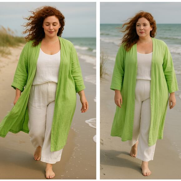 FLAX 100% Linen Open Front Longline Duster Jacket Fresh Green Sz 3X {NN21} - Picture 1 of 5